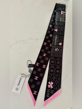 TWILLY! Black & Pink Logo Silk Twilly Scarf